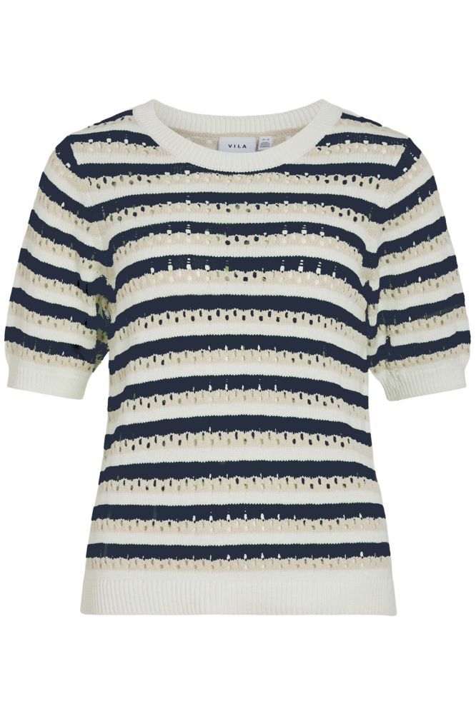 VIELINJA O-NECK 2/4 STRIPE KNIT TOP 14105650 SNOW WHITE/NAVY BLAZER
